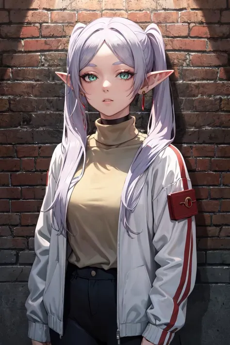 masterpiece, best quality, absurdres, perfect anatomy, Frieren, twintails, earrings, sharp eyes, choker, neon shirt, open jacket, turtleneck sweater, night, against wall, brick wall, graffiti, dim lighting, alley, looking at viewer, <lora:Frieren:1>