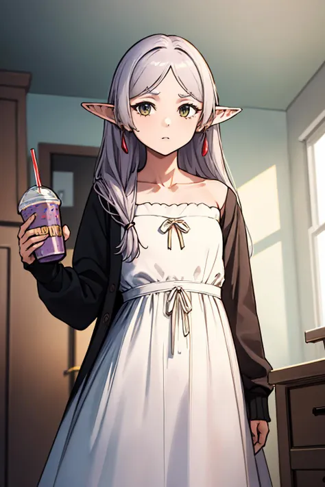 anime girl in maid dress holding a drink and a soda