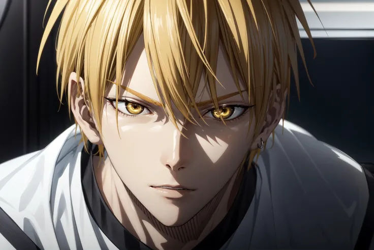 kise ryouta(kuroko no basuke), solo, 1boy, looking at viewer, male focus, blonde hair, hair between eyes, yellow eyes, <lora:Kise_Ryouta_No_commercial_use_is_allowed_LoRA:0.5>