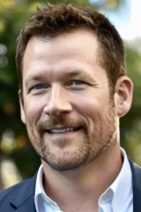 a close up of a man with a beard and a suit jacket