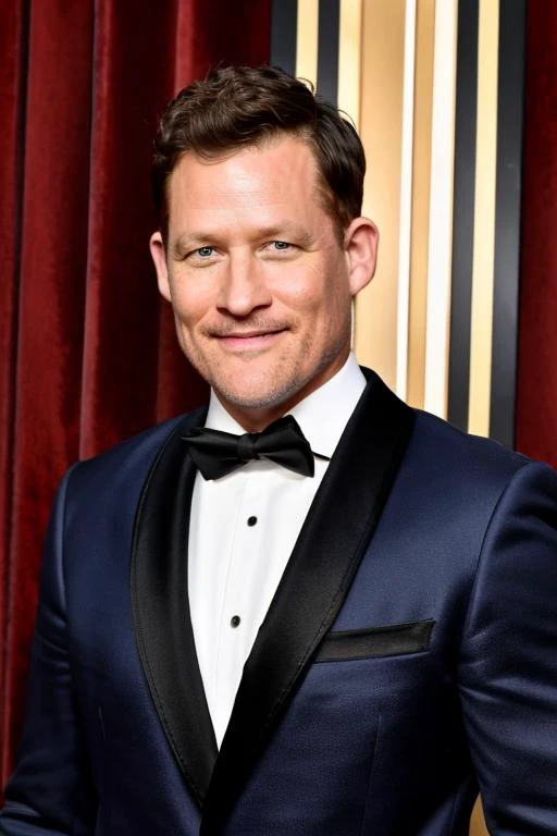 a man in a tuxedo and bow tie standing in front of a red curtain