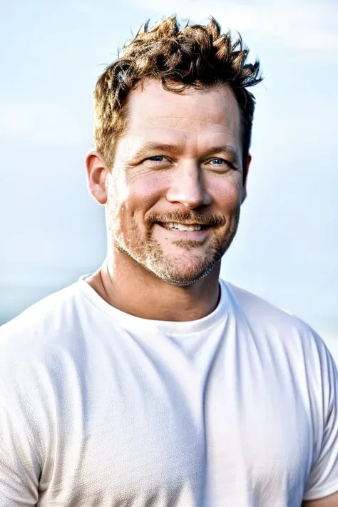 a close up of a man with a beard and a white shirt