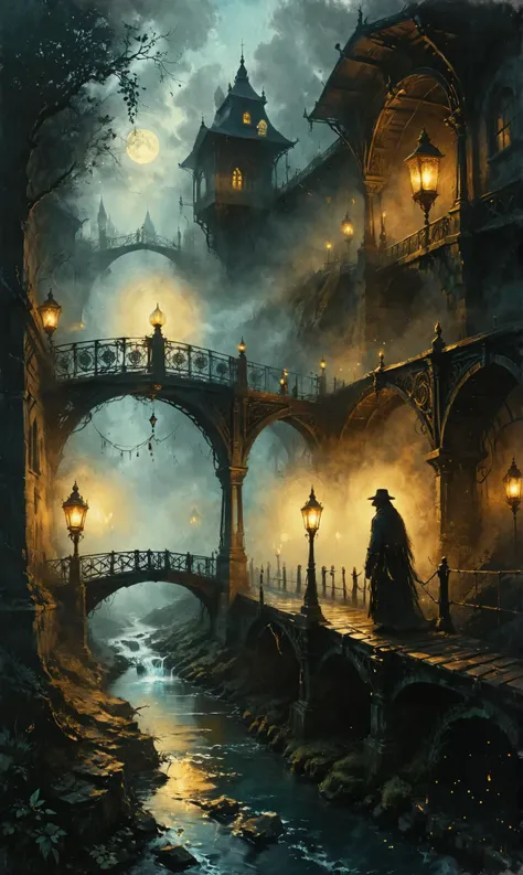 a Clockwork djinn with ornate, mystical lamps at a Gaslit bridge spanning over tranquil river, ultra-fine digital painting, <lora:xl_more_art-full_v1:0.3>,   <lora:Desolation:0.7>, <lora:cine:0.7> cin3 <lora:gildedvictoriansxl_v1:0.4> victorianstyle