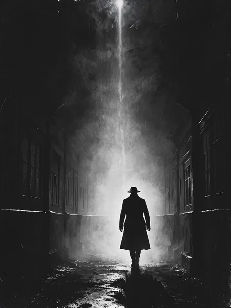 arafed image of a man in a trench coat and hat walking down a dark alley