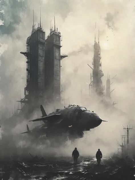 (futuristic:1.5) a huge military factory made of steel, glass, fog, sun, in the clouds, , futuristic military planes, moody tones, old book style ink cover illustration, on parchment  <lora:Desolation:0.65>