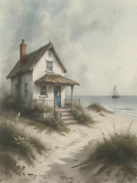 A captivating illustration of a quaint little seaside house, exuding warmth and hospitality. The thatched-roof cottage, built of wooden beams, sits on a sandy shore, A cozy porch features a swing, perfect for relaxing while enjoying the sea breeze. The cal...