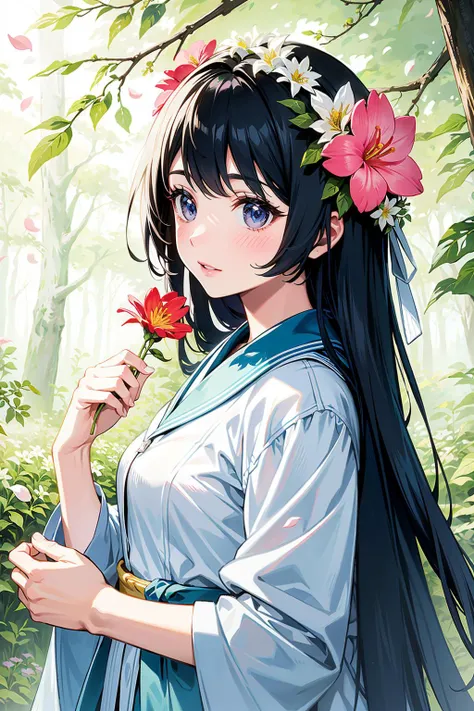 anime girl with long black hair and flower in her hair