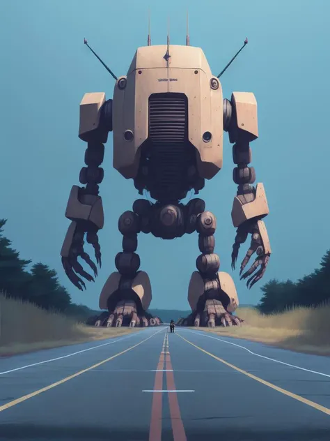 <lora:21Stalenhag:1>a giant robot standing in the middle of a road by Simon Stlenhag