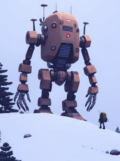 <lora:21Stalenhag:1>a giant robot standing on top of a snow covered hill by Simon Stalenhag