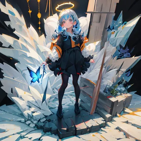 masterpiece, best quality, ultra-detailed, illustration, (black background:1.5),  (bottle bottom:0.9), full body ,   standing, 1girl, (face focus), silver and blue hair,  long hair, black eyes, halo, butterfly,  pantyhose, serene expression,  looking at vi...