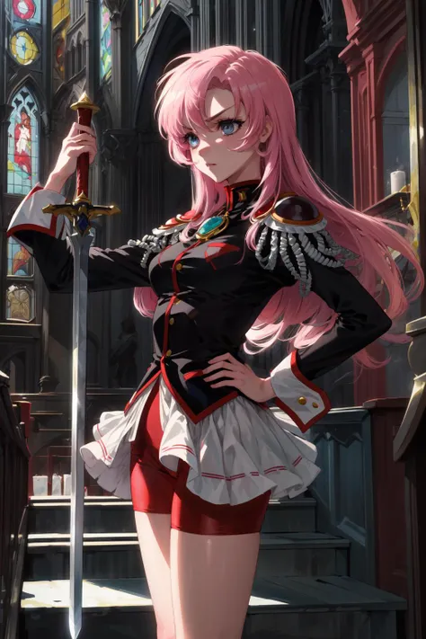 masterpiece,best quality,1girl,tenjou utena,epaulettes,aiguillette,black jacket,red shorts,red socks,white rose,serious,standing,holding weapon,holding sword,looking to the side,hand on hip,church,<lora:TenjouUtenaV2_2:0.8>,