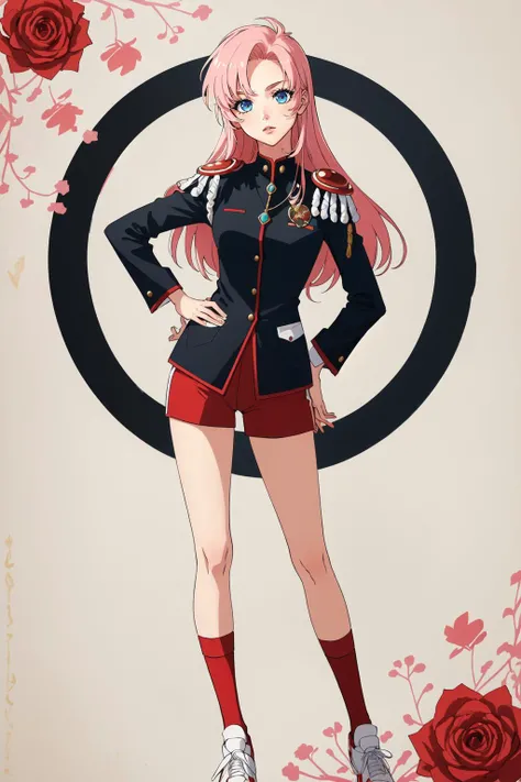 (masterpiece, best quality),  intricate details,
1girl,   <lora:TenjouUtenaV2_2:0.8>tenjou utena, epaulettes, aiguillette, black jacket, red shorts, red socks, white rose, shoes