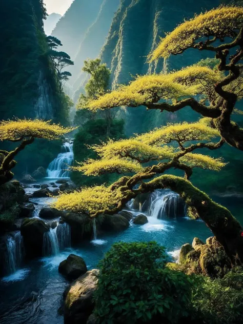 UHD photo of flowers trees and animals in Chinese landscape paintings, intricate details, fractal art, Calligraphy, Petros Afshar, tilt shift shot, high dynamic range, vivid, rich details, clear shadows and highlights, realistic, intense, enhanced contrast...