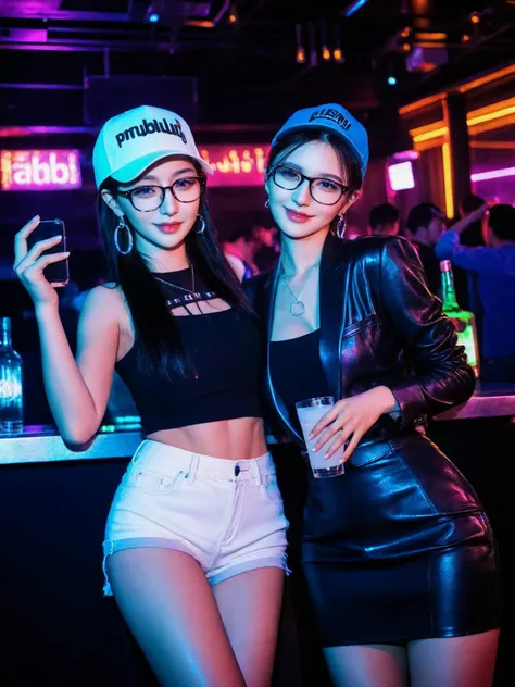 (white hottie clothes, hugging and selfie in nightclub:1.2), saibo, (2girls:1.4), perky breasts, cyberpunk, hat, earrings, glasses, drinking, neon, crowd, perfect laughing, (upper thighs shot:1.3),