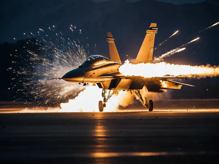 A very advanced fighter jet was hit by a missile in the air. The spectacular scene of the fighter jet explosion and the flying explosion fragments,
cinematic film still, shallow depth of field, vignette, highly detailed, high budget Hollywood film, bokeh, ...