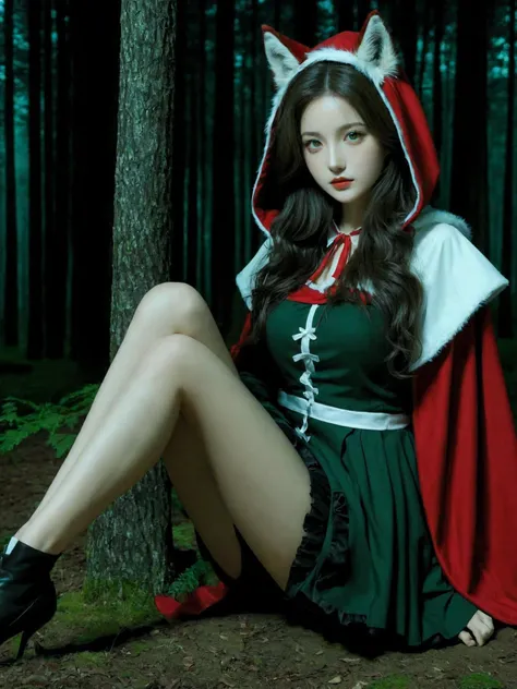 a (humanoid wolf) with girl, (beautiful face), long curly hair, (naughty face:1.2), green eyes, perky breasts, maid, red cloak, hood, miniskirt, thighhighs, (upper knees shot:1.3), forest, moon, night,
(masterpiece:1.2, best quality:1.2, absurdres:1.2, bea...