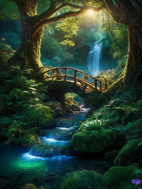 enchanted forest at twilight, ethereal light filtering through ancient towering trees, vividly detailed lush undergrowth, mystical creatures lurking in the shadows, sparkling fairy lights weaving through the foliage, a crystal-clear stream with water so pu...