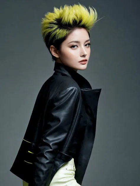 1girl, perky breasts, Lemon yellow Messy Quiff with Tapered Sides, open jacket,
(masterpiece, best quality),