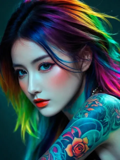 (otherworldly beauty), expressionist sexy girl in her 20s, perky breasts, (upper thighs shot:1.3), sexy pose, colorful tattoo, raw, emotional, dynamic, distortion for emotional effect, vibrant, use of unusual colors, detailed,