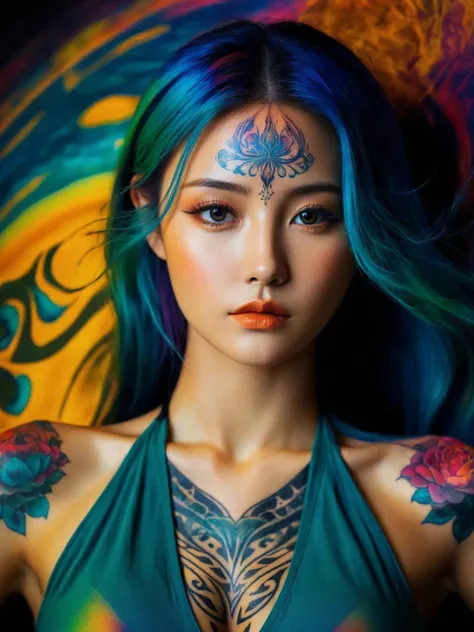 (otherworldly beauty), expressionist sexy girl in her 20s, perky breasts, (upper thighs shot:1.3), sexy pose, colorful tattoo, raw, emotional, dynamic, distortion for emotional effect, vibrant, use of unusual colors, detailed,