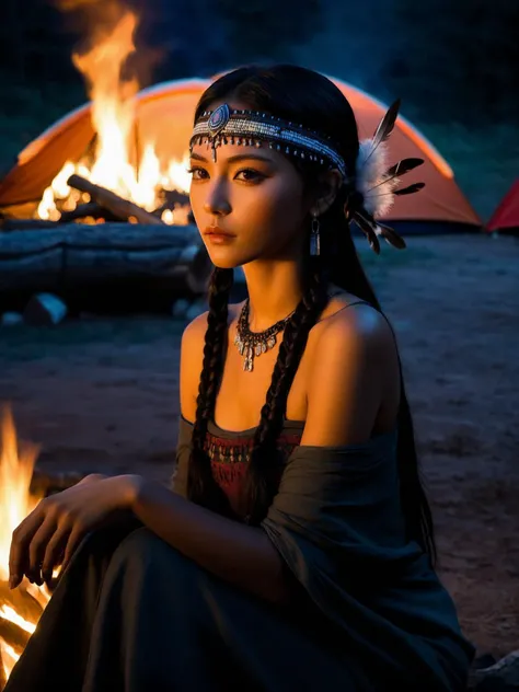 a woman sitting at a campfire, tents, at night, fire light, dark silhouette, beautiful eyes, beautiful girl, high detail skin, high detail eyes, high detail hair, highres, ultra detailed, sharpen picture, Highly detailed, masterpiece, best quality, photore...