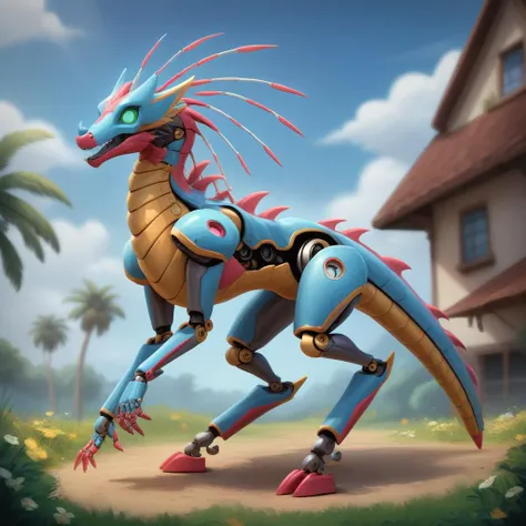 a close up of a cartoon dragon with a house in the background