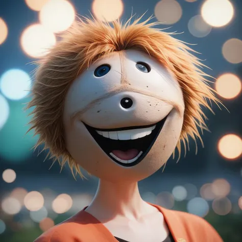 a close up of a puppet with a big smile on it's face