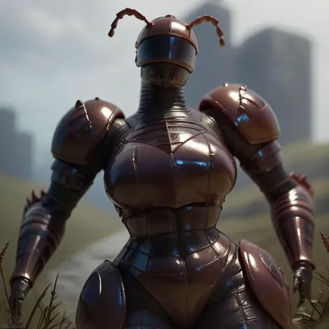 a close up of a robot standing in a field with a city in the background