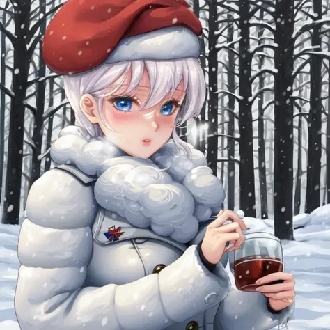 anime girl in winter coat holding a glass of wine in snowy forest