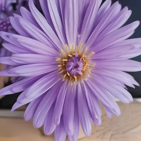 purple flowers in a vase on a table with a laptop