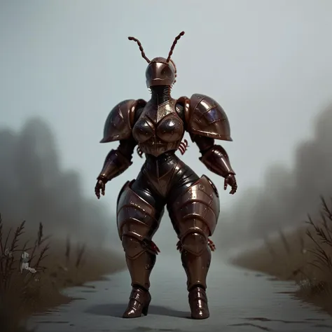 a close up of a person in armor standing on a road