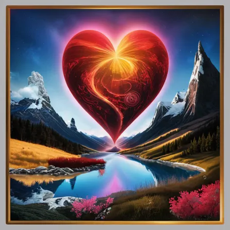 a painting of a heart shaped object in a mountain landscape