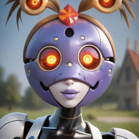 a close up of a robot with red eyes and a head of hair