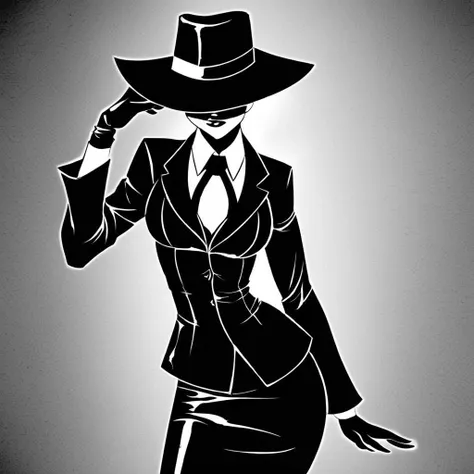 Film noir style, female detective is being mysterious and seductive. Wearing a tight white silk blouse, wearing a tight tweed skirt. Standing in a wood paneled art deco style private detective office. Monochrome, black and white film photograph, high contr...