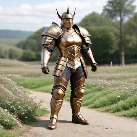 arafed knight in armor standing on a path in a field