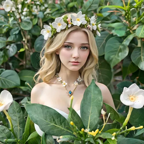 arafed woman in a white dress and a flower crown