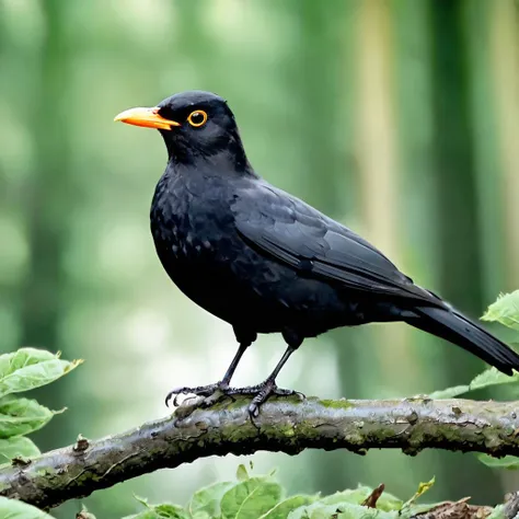 there is a black bird sitting on a branch in the woods