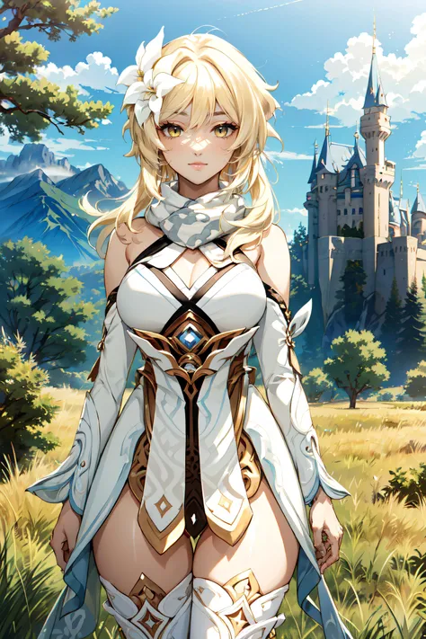 (masterpiece, best quality, ultra detailed, absurdres)1.5, 1girl, (sexy, beautiful woman, perfect face, perfect eyes, perfect female body, large breasts)1.5, (lumine (genshin impact), Lumine, blonde hair, hair ornament, hair flower, detached sleeves, thigh...