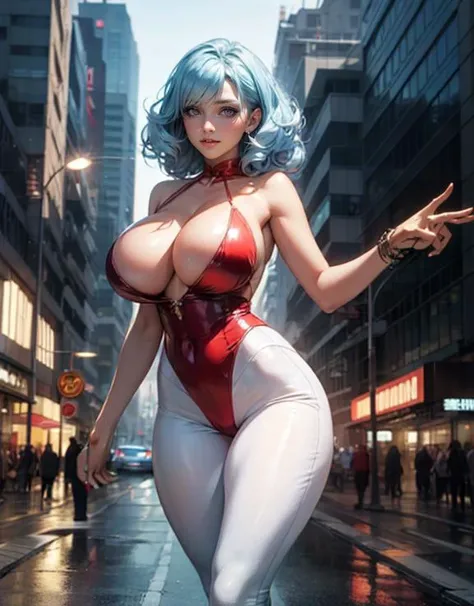 ((commemorative photo)),(masterpiece:1.2),((outdoors)),8k,highres,(full body:0.8),flashy costume,(seductive smile:1.1),cyberpunk city,(perfect proportions),perfect female body,(narrow waist),(skinny:1.5),huge breasts,breasts,stylish pose,glowing white shin...