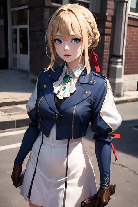 violetevergarden,violet evergarden,blonde hair,blue eyes,hair ribbon,ribbon,short hair,braids,hair braids,red ribbon BREAK blue jacket,brown gloves,cropped jacket,dress,gloves,green brooch,jacket,juliet sleeves,long sleeves,puffy sleeves,white dress BREAK ...