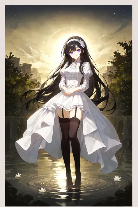 anime girl in white dress standing in water with sun in background