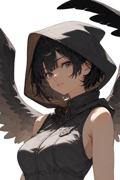 (score_9,score_8_up,score_7_up),[white background, ::0.425],solo, 1girl, black hair, wings , hood, grey background, short hair ,