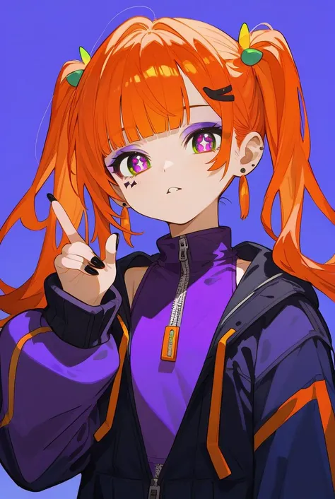 (score_9,score_8_up,score_7_up,score_6_up,score_5_up,score_4_up), 1girl, solo, earrings, jewelry, bangs, black nails, looking at viewer, simple background, orange hair, hair ornament, multicolored eyes, tattoo, hand up, piercing, zipper, purple eyes, purpl...