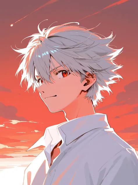 (score_9,score_8_up,score_7_up), masterpiece, official art by Sadamoto Yoshiyuki, The End of Evangelion, neo-romanticism, man in oversized formal white shirt stands in front of a sunset, solo, <lora:Sadamoto Yoshiyuki_XL_PONY:0.9> kaworu nagisa, (red eyes:...