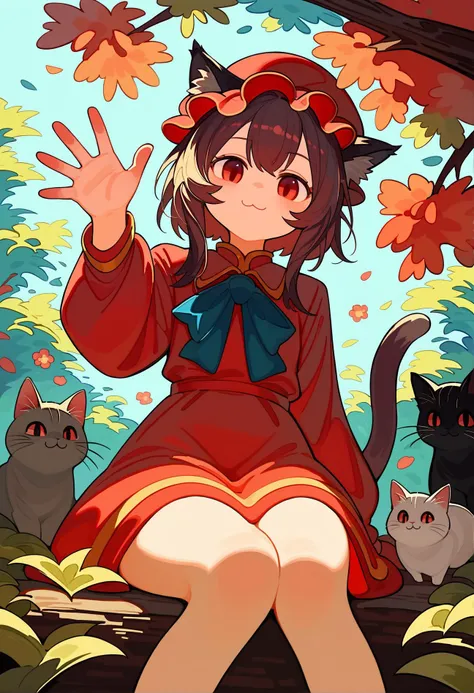 (score_9,score_8_up,score_7_up), (masterpiece, highres), Break,    Chen sitting in a tree waving and smiling, cat ears, (chen), cat tails, mob cap, red dress, long sleeves, bow,