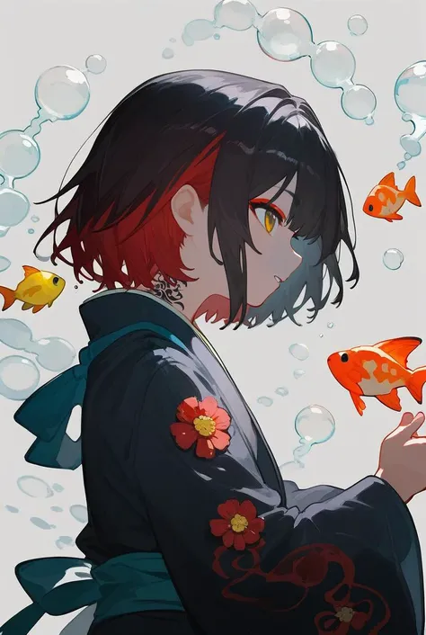 (score_9,score_8_up,score_7_up,score_6_up,score_5_up,score_4_up), 1girl, fish, bubble, solo, goldfish, black hair, koi, from side, profile, short hair, yellow eyes, red hair, parted lips, makeup, multicolored hair, air bubble, tattoo, grey background, eyes...