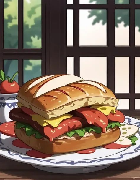 there is a sandwich on a plate with tomatoes and cheese