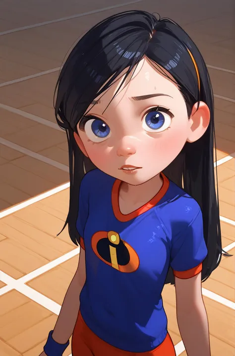 cartoon girl with black hair and blue shirt standing on a tennis court