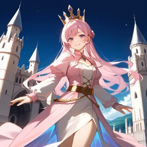 score_9,score_8_up,score_7_up,score_6_up, beauty, 1girl, anime_girl, pink_hair, long_hair, wearing a crown, dressed in a pink outfit, detailed_design, gold_belt, delicate_lace_sleeves, sitting_pose, realistic_anime_style, soft_lighting, elegant_background,...