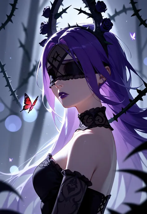 score_9,score_8_up,score_7_up,source_anime,year 2023,1girl,solo,red black and purple theme,strong picture,dark,upper body,side_face,sad,parted_lips,looking back,floating purple hair,black dress,bare shoulders,{{{delicate and beautiful eye}}},gothic,black r...